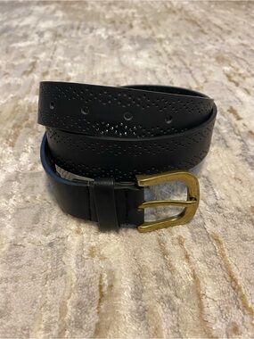 Men's Perforated Black Leather Belt with Antique Gold Buckle